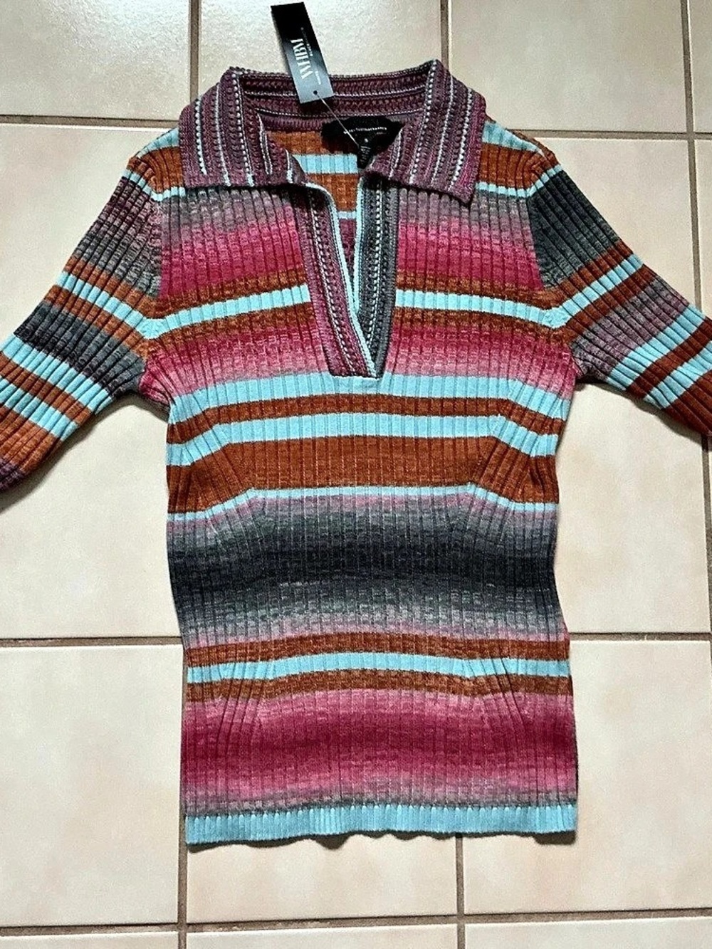WHBM Elbow Sleeve Space Dye Striped Henley Sweater Top Sz S NWT!